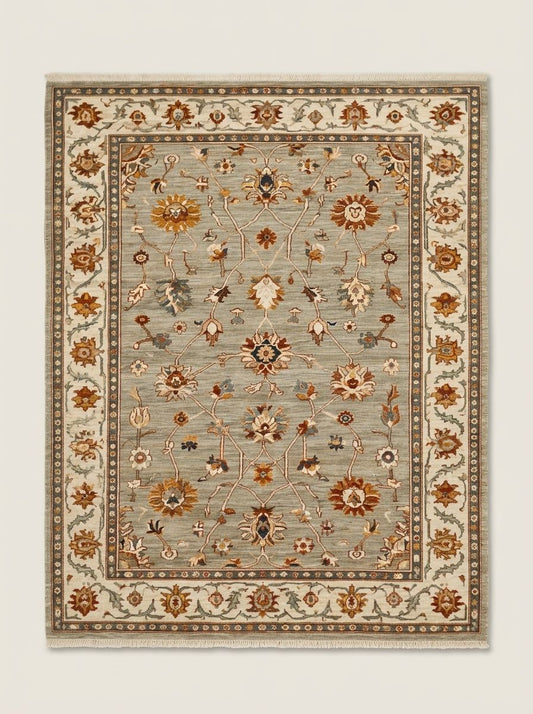 Oushak Hand Knotted Rug in sage gray wool, with rust and gold floral vines and a wide ivory patterned border.