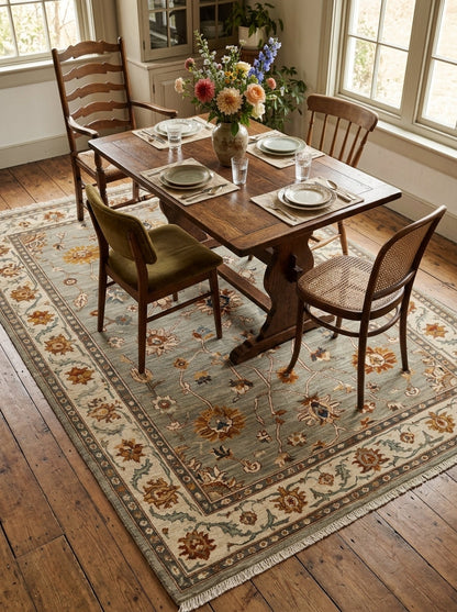 Oushak Hand Knotted Rug in sage gray wool, with rust and ivory florals, delicate vines, and a wide ivory border.