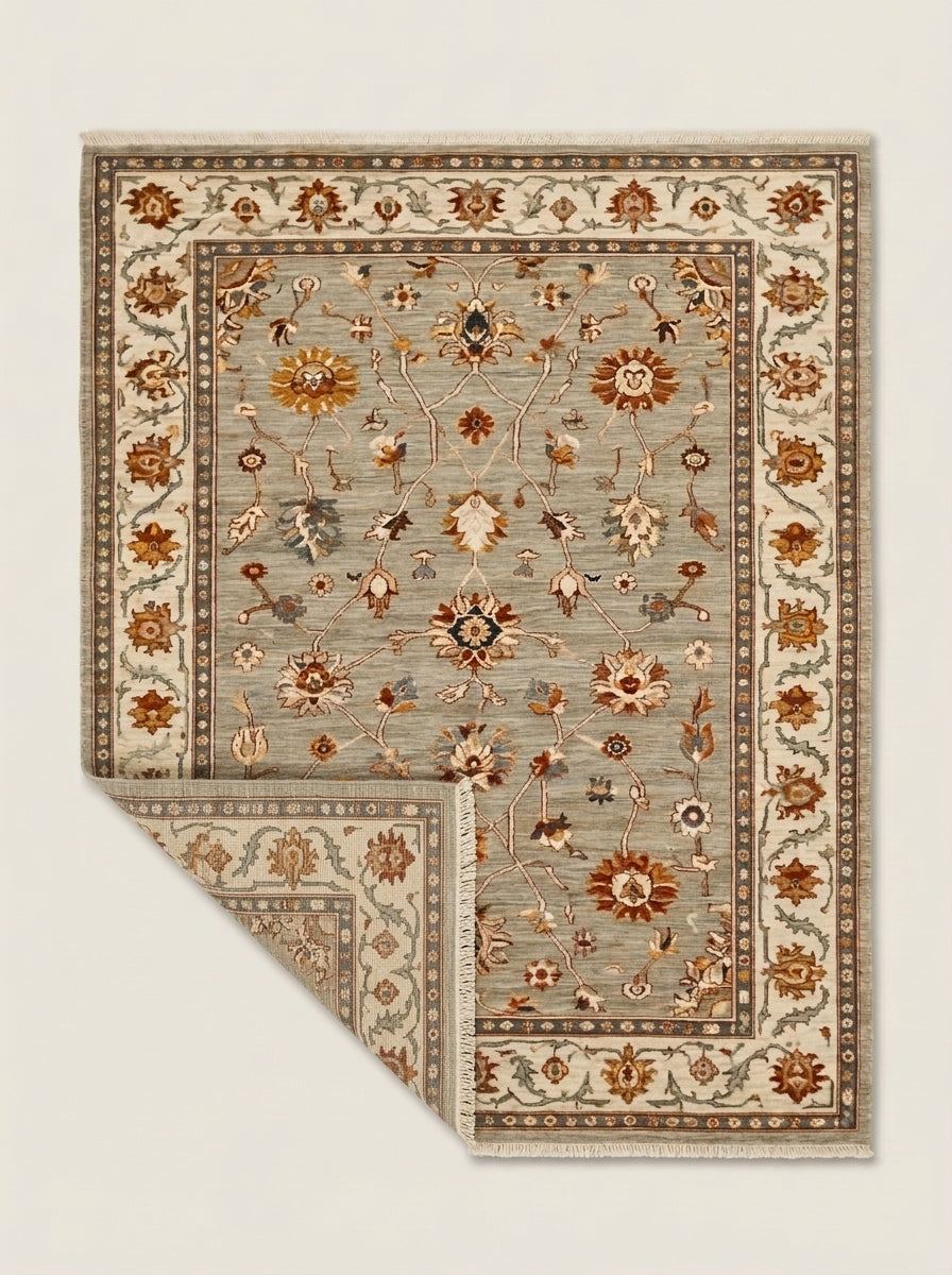 Oushak Hand Knotted Rug in sage gray wool, with rust, gold and ivory florals and a wide ivory border.