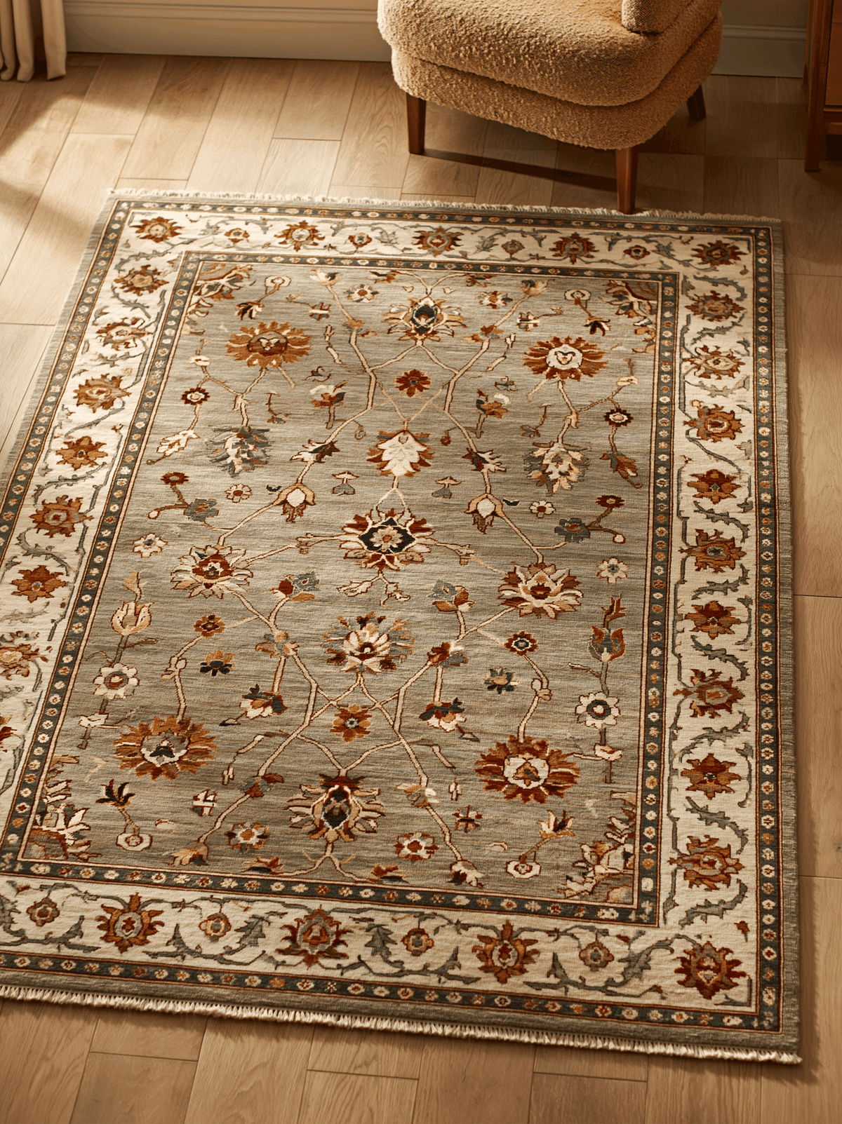 Oushak Hand Knotted Rug in sage gray wool with rust, gold and ivory florals, fine vines and a wide ivory border