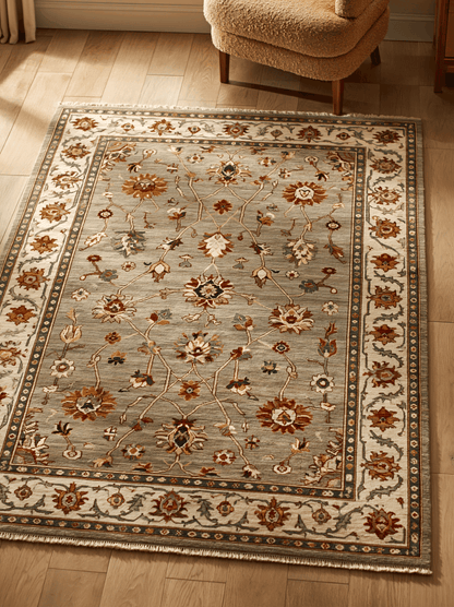 Oushak Hand Knotted Rug in sage gray wool with rust, gold and ivory florals, fine vines and a wide ivory border