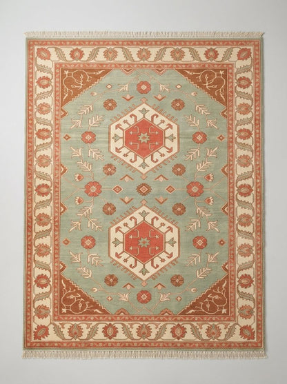 Sage Green Double Medallion Hand Knotted Wool Rug, Kazak Style Coral Ivory Border