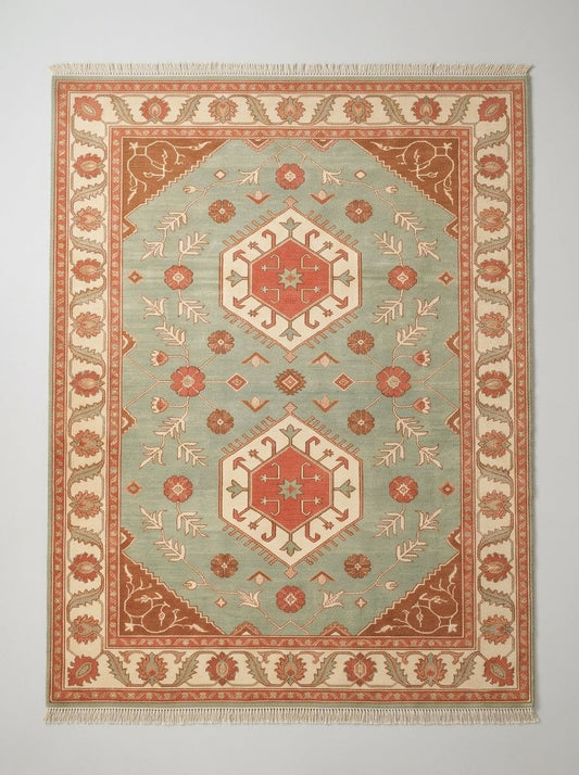 Sage Green Double Medallion Hand Knotted Wool Rug, Kazak Style Coral Ivory Border