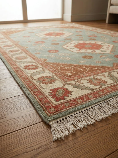 Sage Green Double Medallion Hand Knotted Wool Rug, Kazak Style Coral Ivory Border