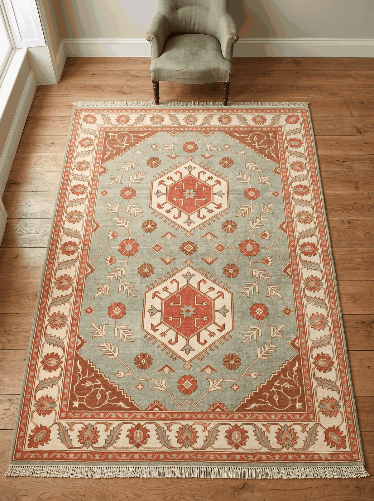 Oushak Hand Knotted Rug in sage green wool with coral and ivory double medallions and a leafy ivory border