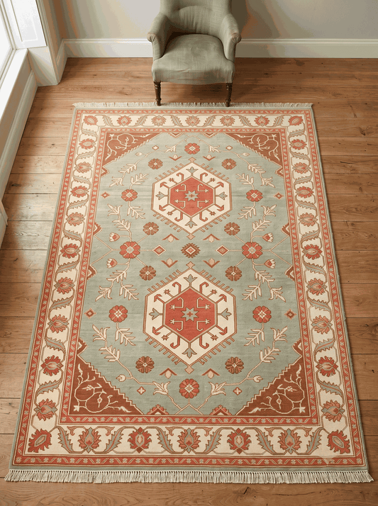 Oushak Hand Knotted Rug in sage green wool with coral and ivory double medallions and a leafy ivory border