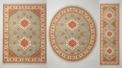 Sage Green Double Medallion Hand Knotted Wool Rug, Kazak Style Coral Ivory Border