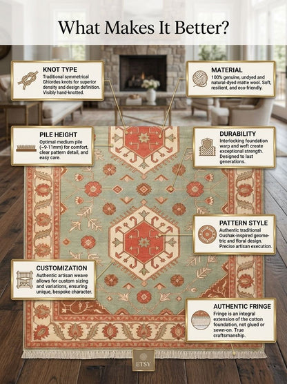 Sage Green Double Medallion Hand Knotted Wool Rug, Kazak Style Coral Ivory Border