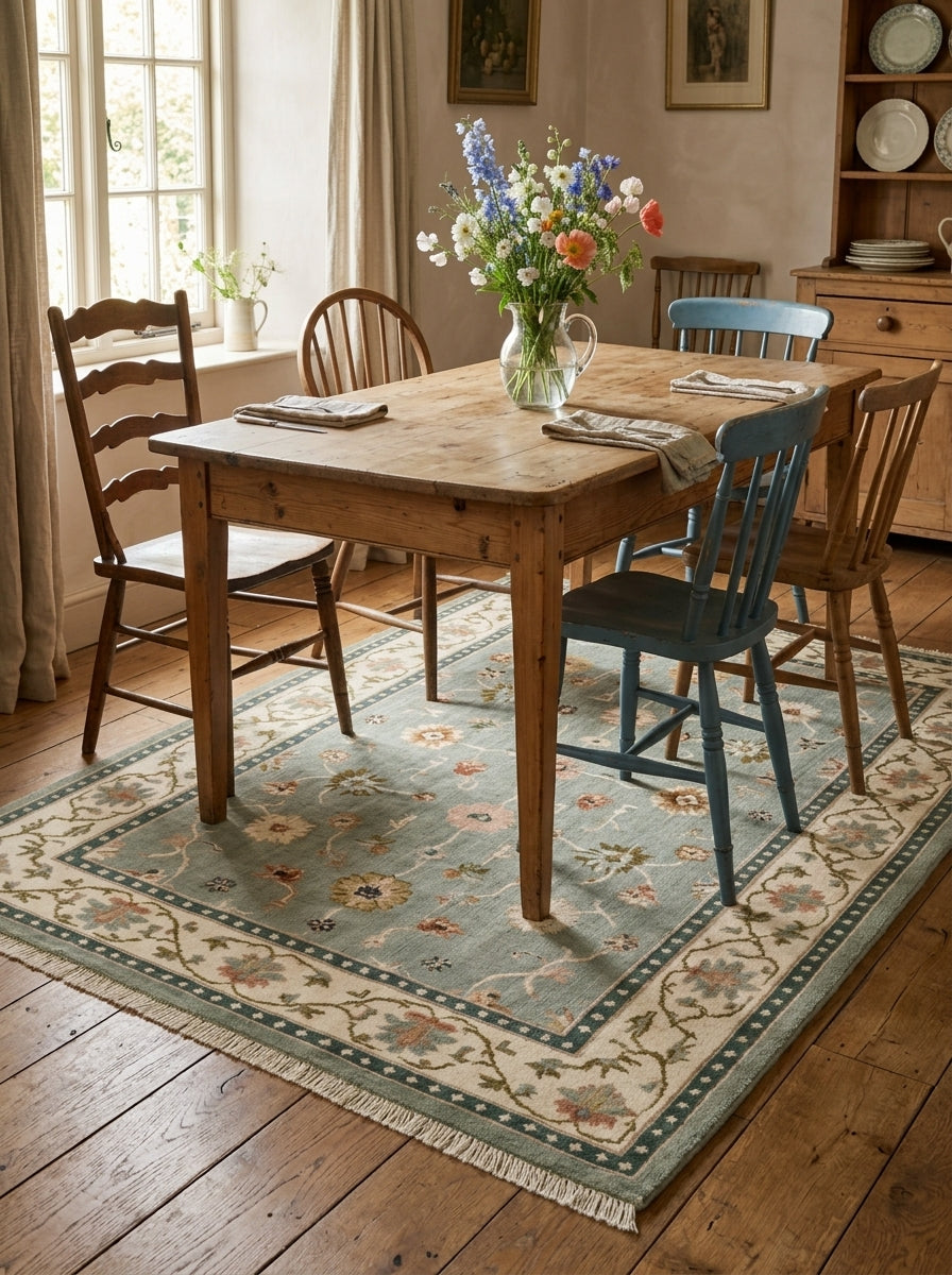 Oushak Hand Knotted Rug in muted sage wool, with scattered floral motifs, an ivory vine border, teal guard bands and fringe.