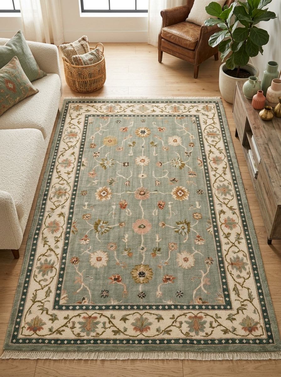 Oushak Hand Knotted Rug in muted sage wool, with scattered floral motifs, an ivory vine border, teal bands and fringe.