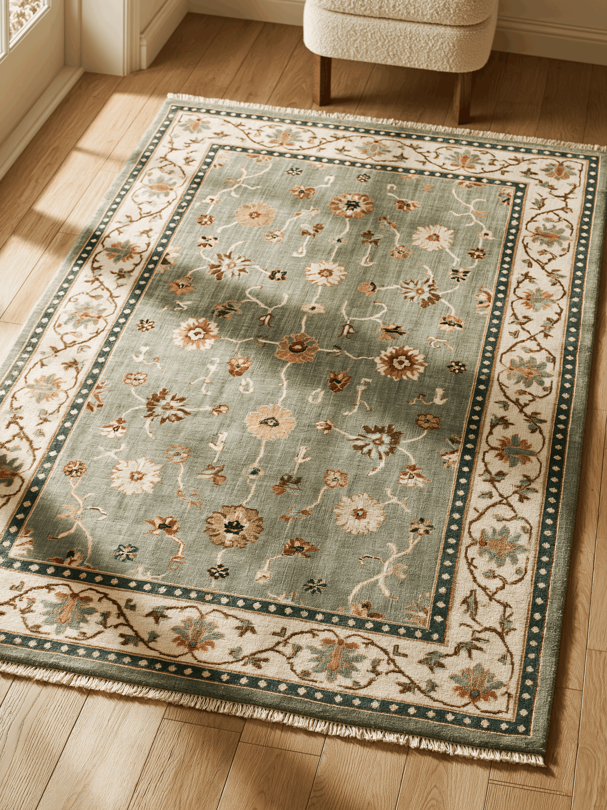 Oushak Hand Knotted Rug in muted sage wool with scattered floral motifs, ivory vine border, and deep teal dotted bands