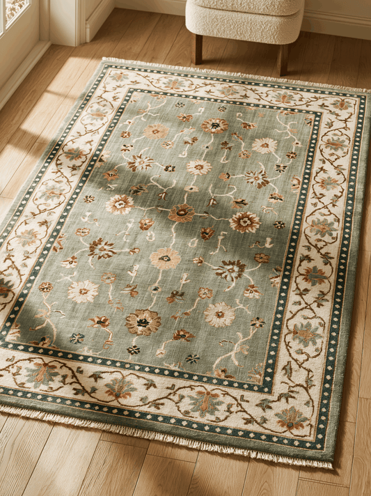 Oushak Hand Knotted Rug in muted sage wool with scattered floral motifs, ivory vine border, and deep teal dotted bands