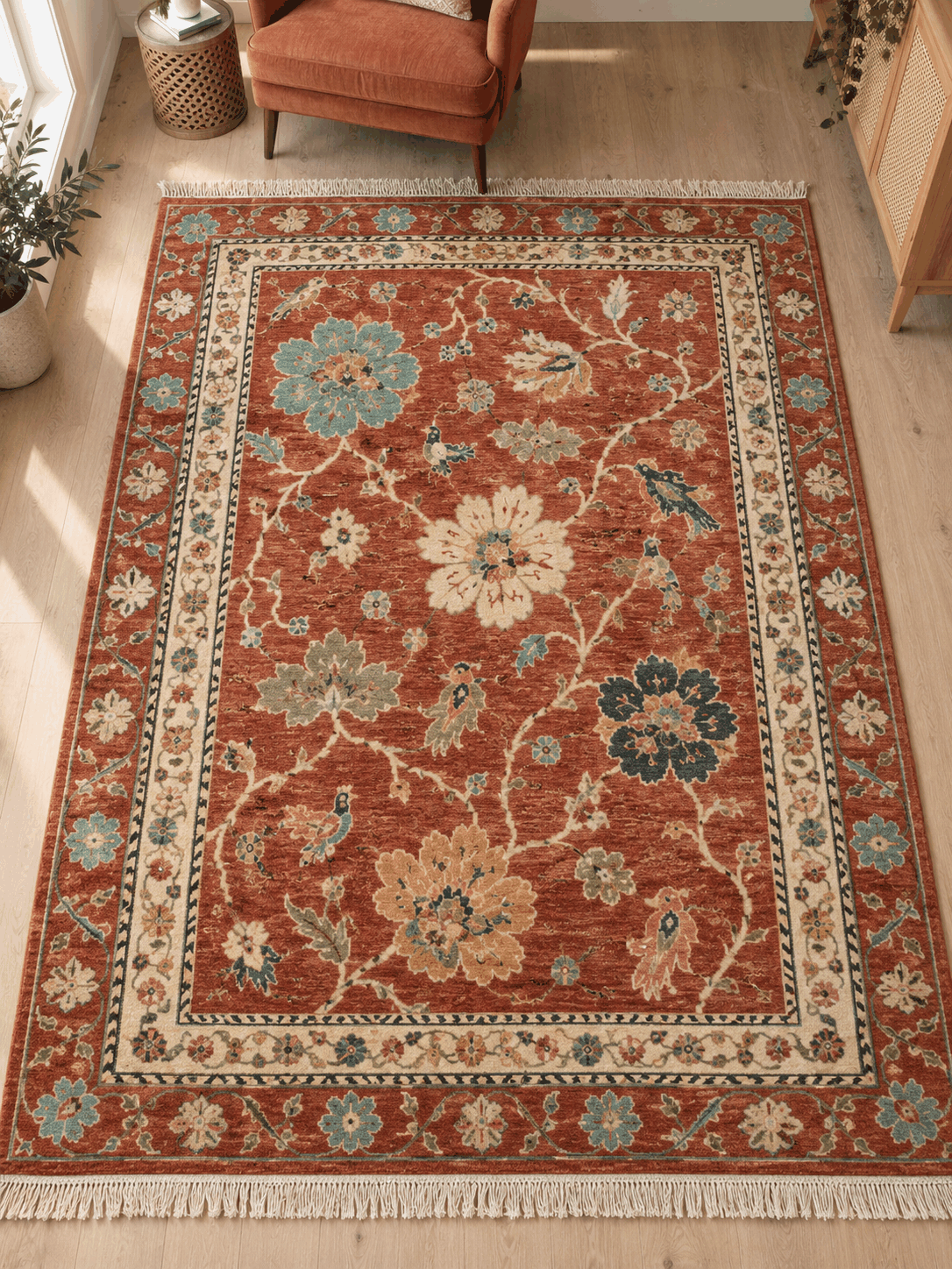 Oushak Hand Knotted Rug in terracotta wool, with colourful floral vines, small birds, an ivory rosette border and fringe