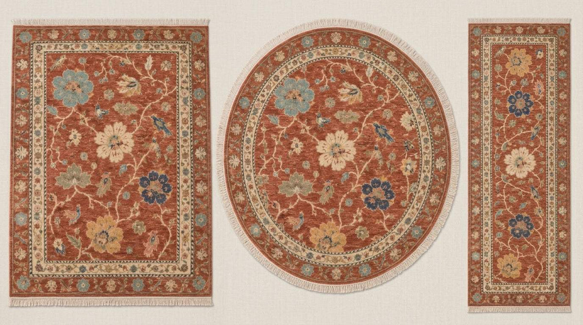 Oushak Hand Knotted Rug in terracotta wool with colorful floral and bird motifs, ivory borders, shown in three shapes