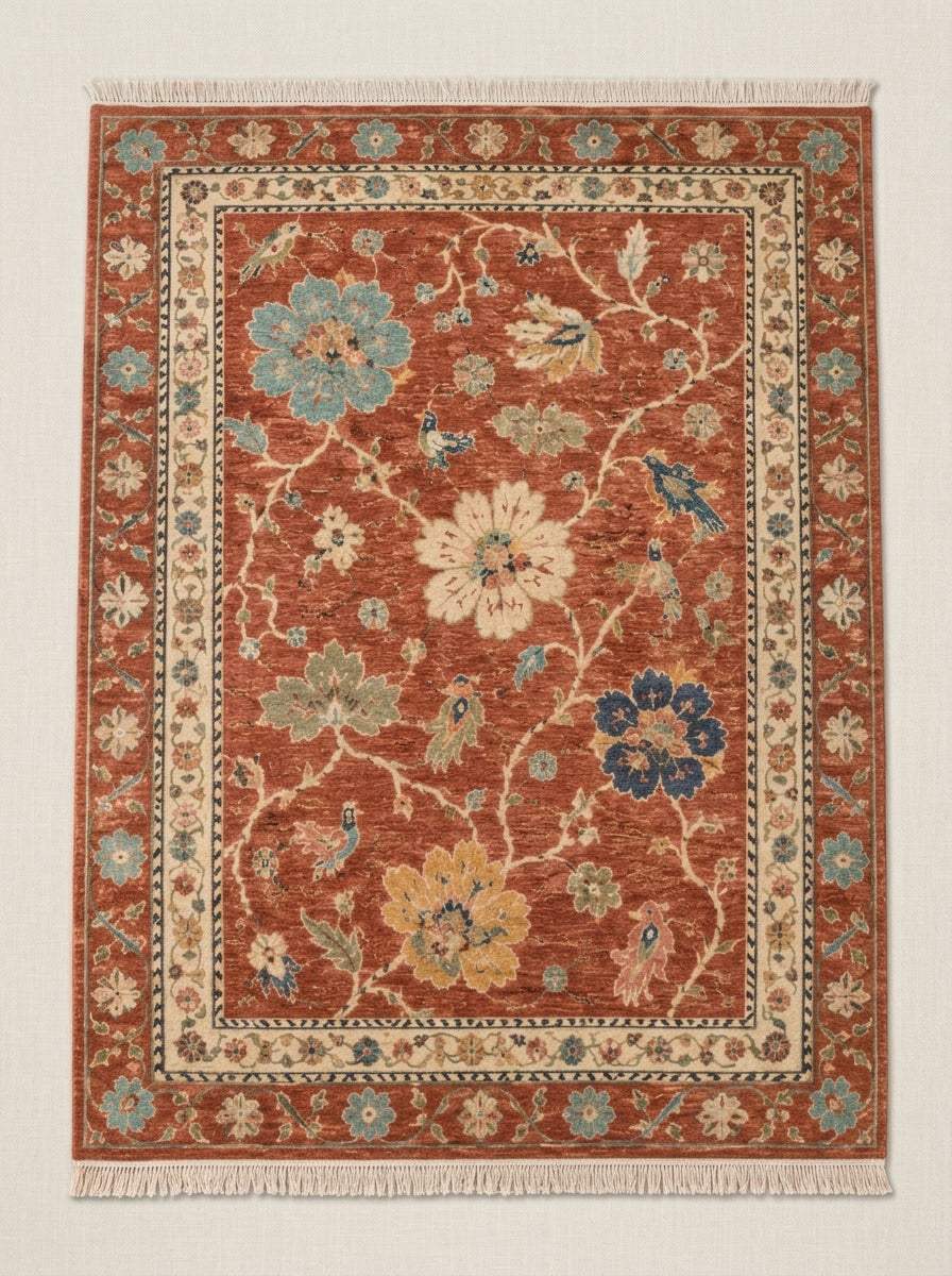 Oushak Hand Knotted Rug in terracotta wool with multicolour floral vines, small birds, ivory rosette border and fringe