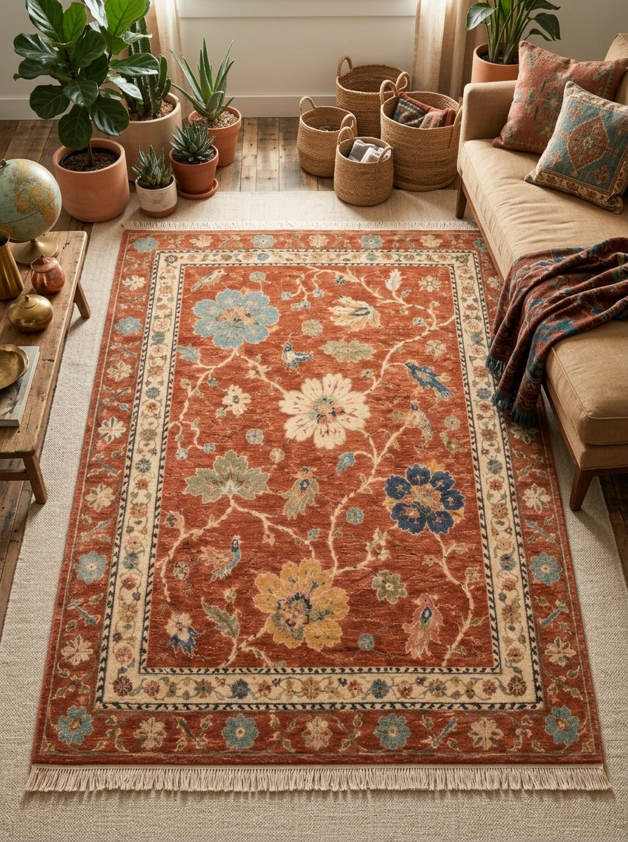 Oushak Hand Knotted Rug in terracotta wool with colorful floral vines, small birds, an ivory rosette border and fringe