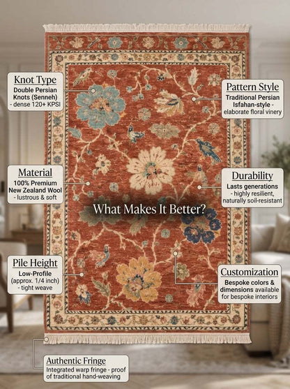 Oushak Hand Knotted Rug in terracotta wool with ivory floral vines, colorful blossoms, small birds, ornate borders and fringe