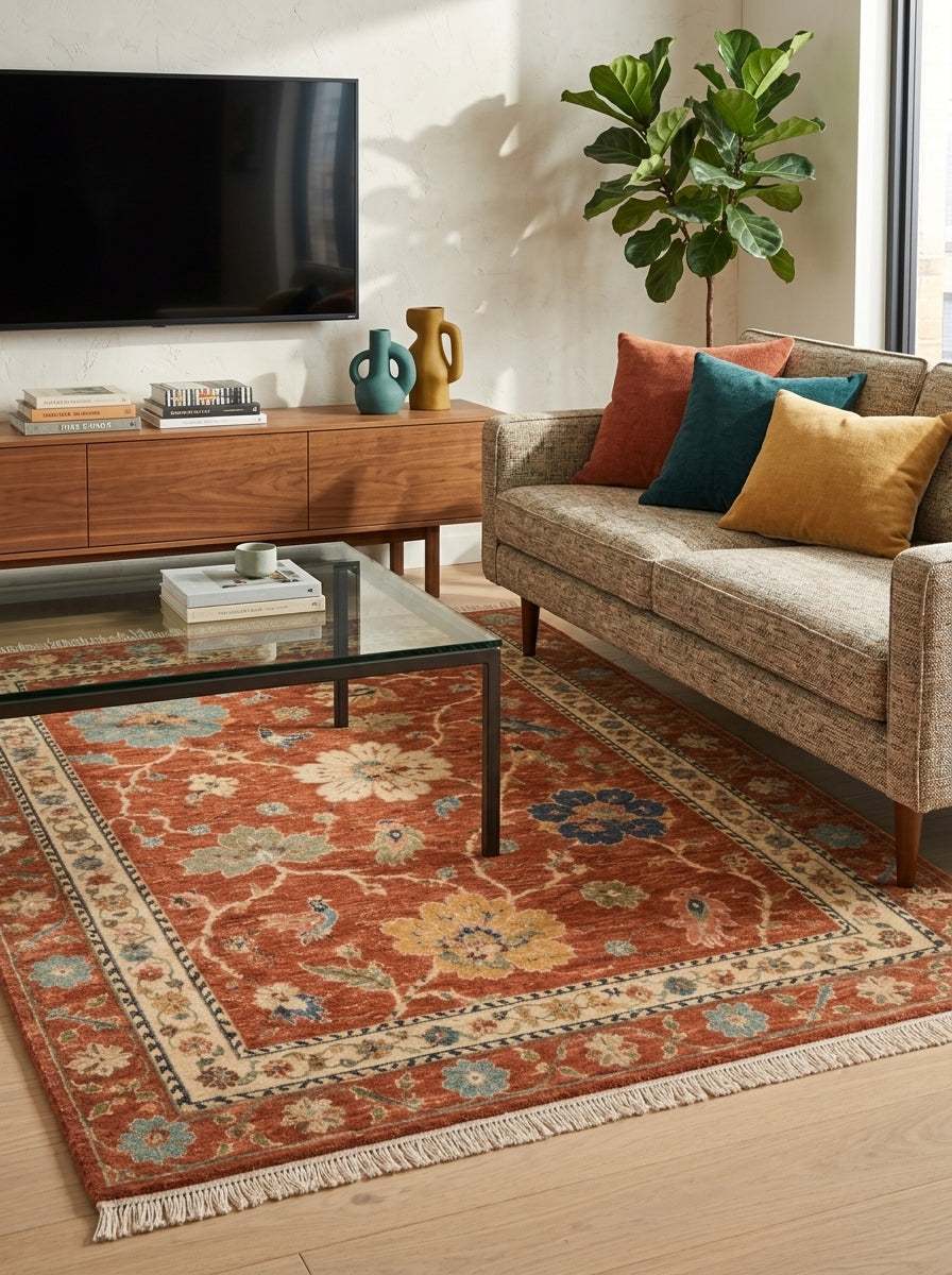Oushak Hand Knotted Rug in terracotta wool with multicolour floral motifs, an ivory border and fringed ends
