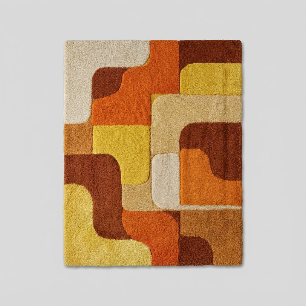 Handmade tufted rug with retro geometric design in warm sunset tones, made from premium wool yarn.