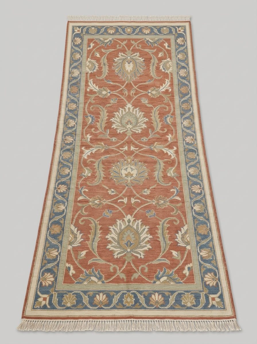 Hand Knotted Oushak Runner Rug in terracotta wool with ivory floral vines, muted blue borders, and fringe.