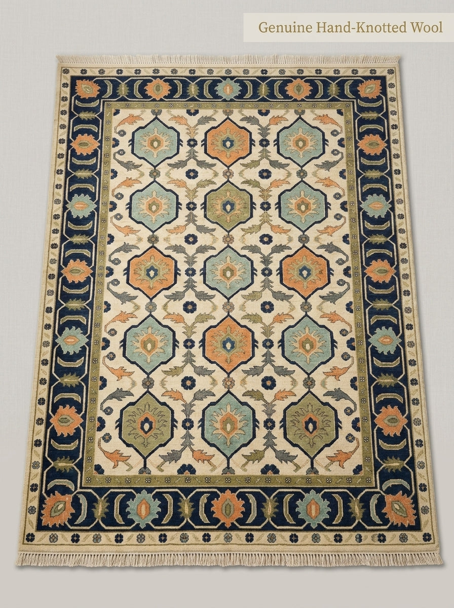 Ivory Navy Hexagon Medallion Hand Knotted Wool Rug, Aqua Orange Olive Geometric