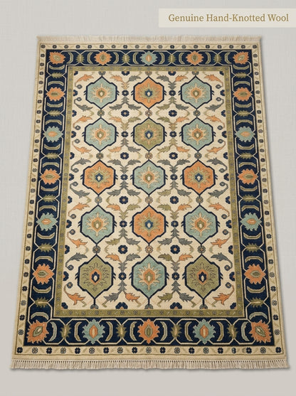 Ivory Navy Hexagon Medallion Hand Knotted Wool Rug, Aqua Orange Olive Geometric