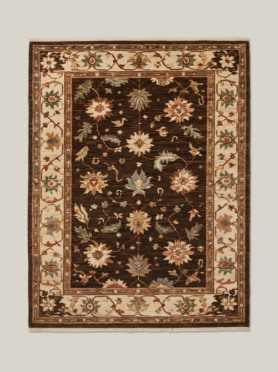 Oushak Hand Knotted Rug in espresso brown wool, with scattered floral motifs and a beige border of rust vines and sage palmettes.