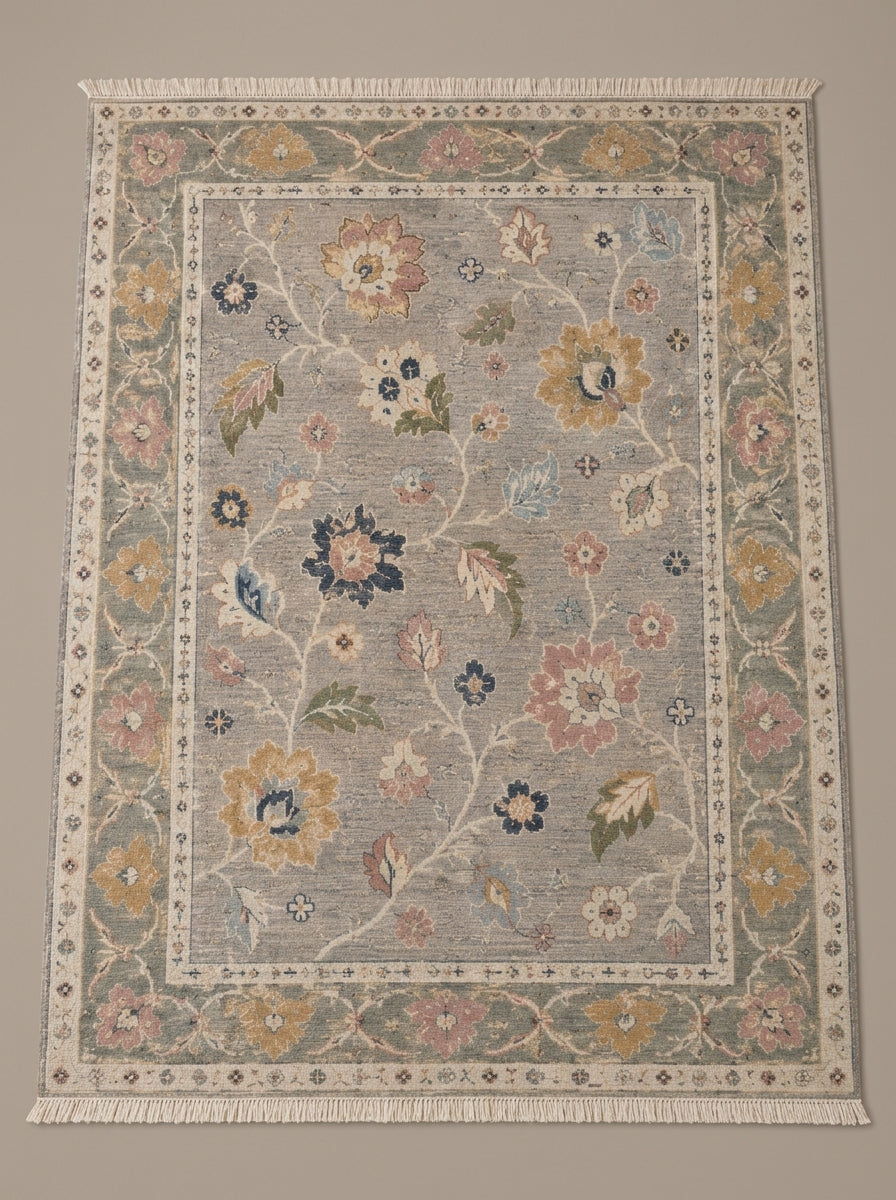 Dove Gray Floral Hand Knotted Wool Rug, Oushak Style Sage Green Border