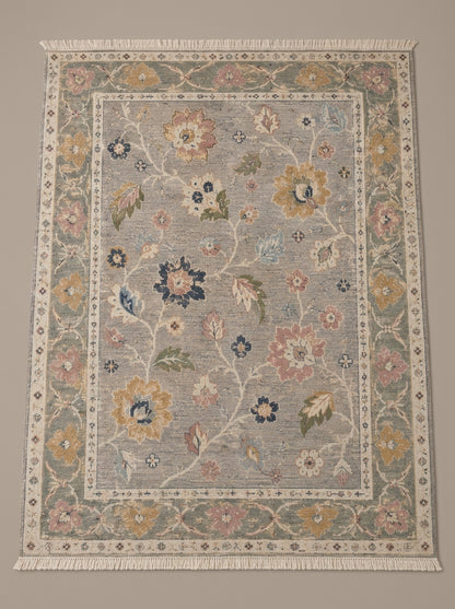 Dove Gray Floral Hand Knotted Wool Rug, Oushak Style Sage Green Border