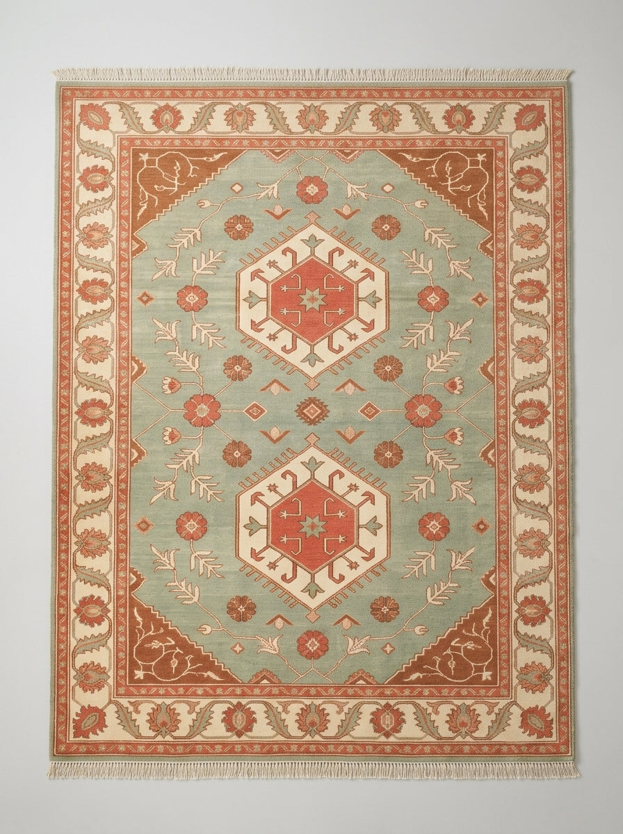 Sage Green Double Medallion Hand Knotted Wool Rug, Kazak Style Coral Ivory Border