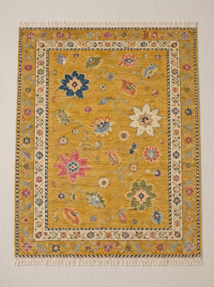 Mustard Yellow Floral Hand Knotted Wool Rug, Oushak Style Ivory Border