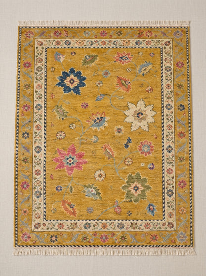 Mustard Yellow Floral Hand Knotted Wool Rug, Oushak Style Ivory Border