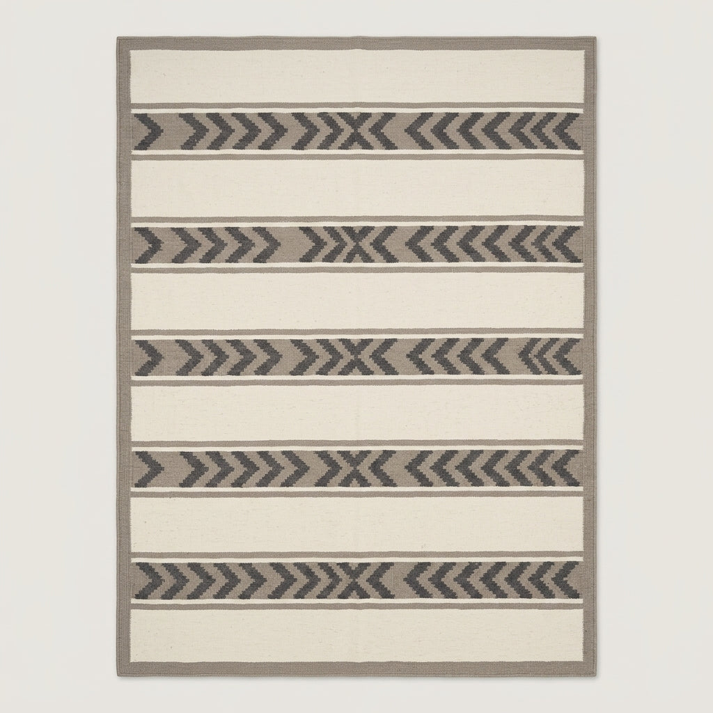 Southwestern Flatweave Wool Rug with ivory bands, taupe borders and charcoal chevron stripes in a flatwoven design.