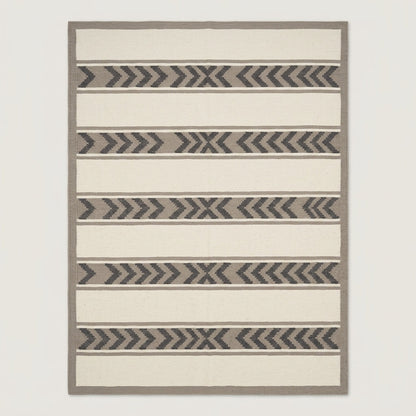 Southwestern Flatweave Wool Rug with ivory bands, taupe borders and charcoal chevron stripes in a flatwoven design.