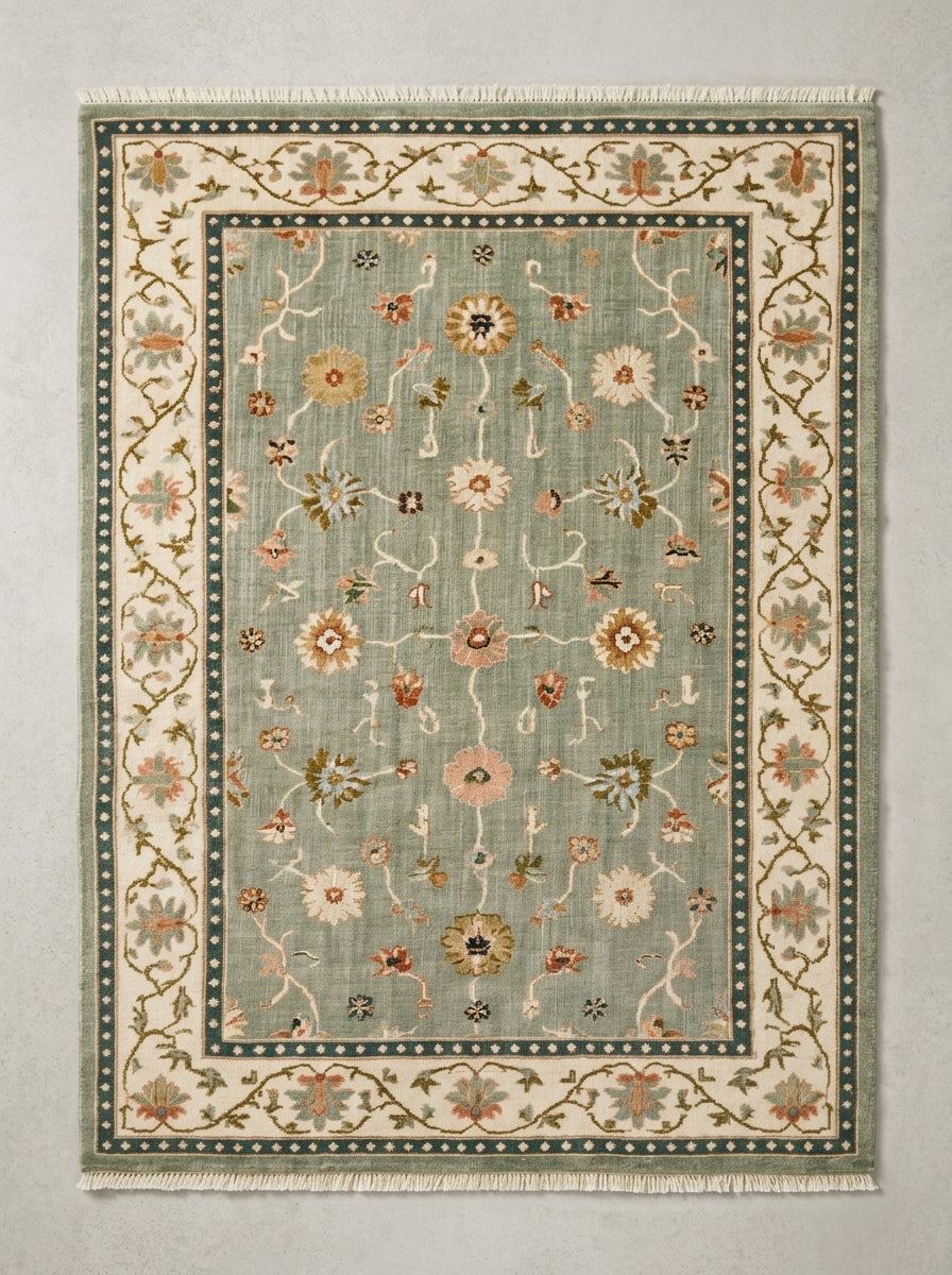Oushak Hand Knotted Rug in muted sage wool, with scattered floral vines, an ivory botanical border, and teal dotted bands.