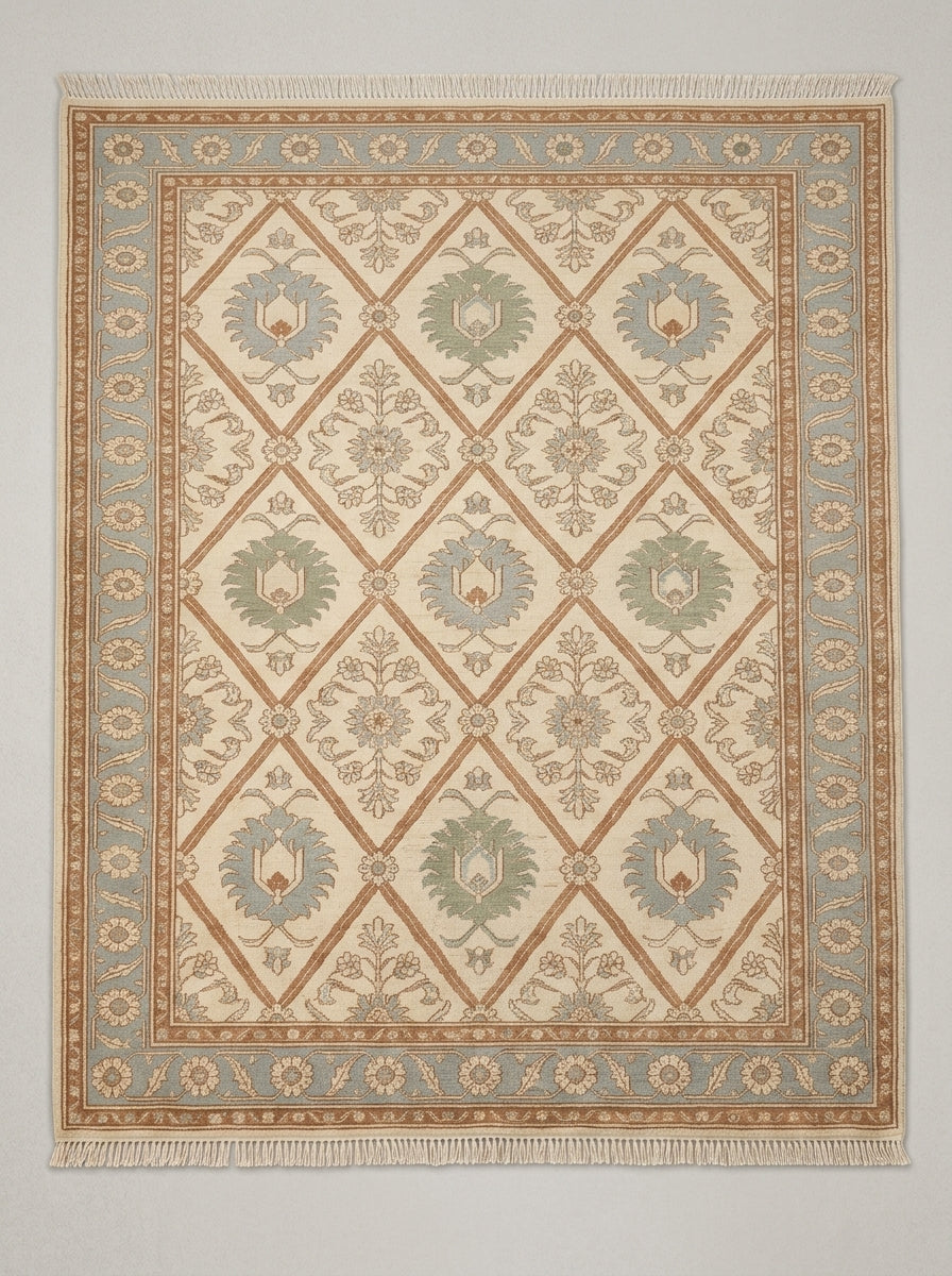 Ivory Garden Lattice Hand Knotted Wool Rug, Floral Powder Blue Border