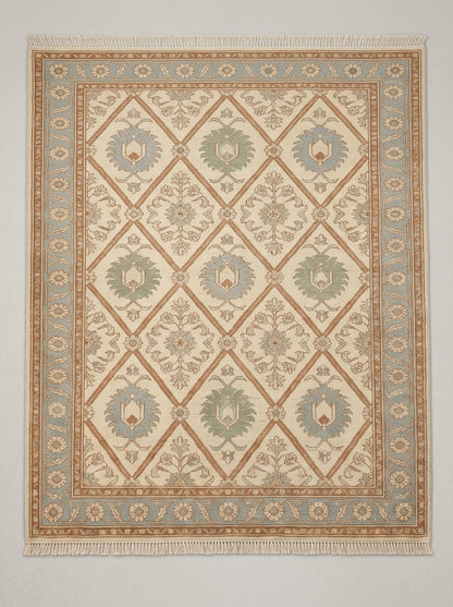 Ivory Garden Lattice Hand Knotted Wool Rug, Floral Powder Blue Border