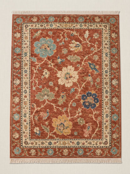 Terracotta Floral Bird Hand Knotted Wool Rug, Oushak Style Ivory Border