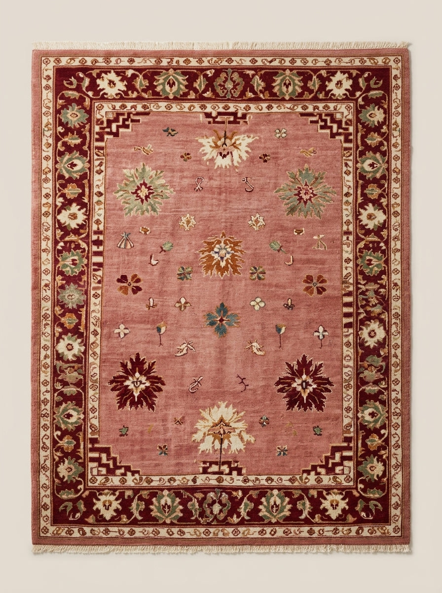 Oushak Hand Knotted Rug in dusty rose wool, with scattered floral motifs, stepped corners and a deep burgundy floral border.