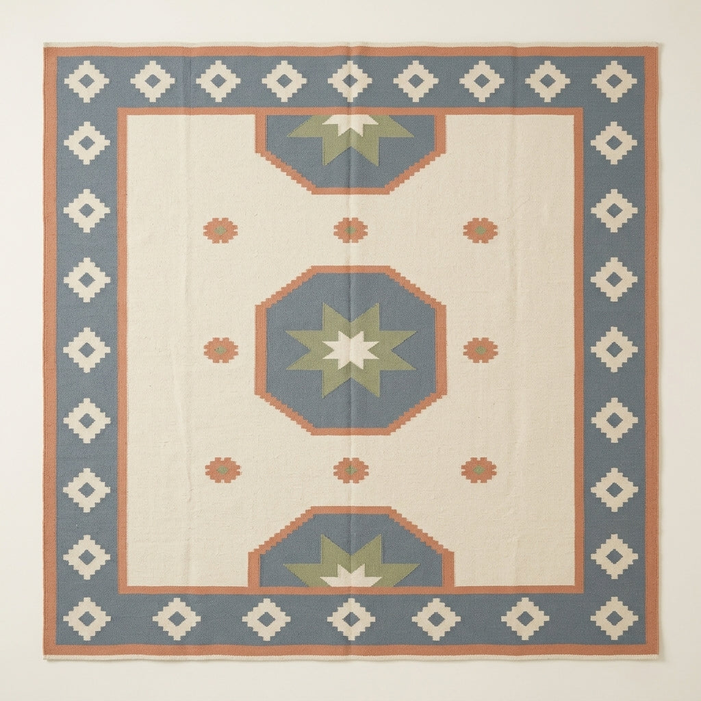 Flatweave wool rug, Southwestern Flatweave Wool Rug in ivory, dusty blue, peach and sage with star medallions and diamond border.