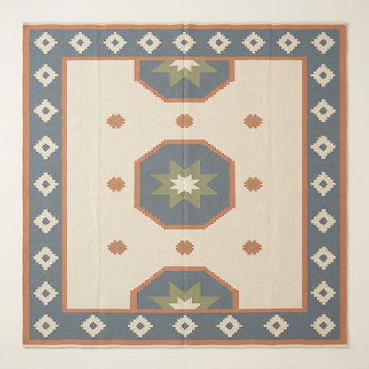 Flatweave wool rug, Southwestern Flatweave Wool Rug in ivory, dusty blue, peach and sage with star medallions and diamond border.
