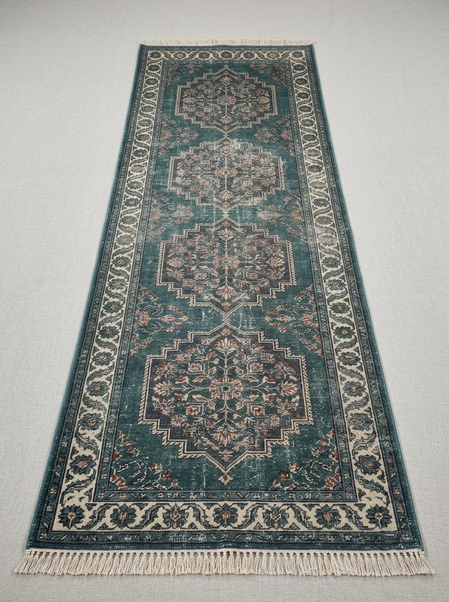 Runner rug, Hand Knotted Oushak Runner Rug in distressed teal wool with four floral medallions, ivory vine border and fringe.