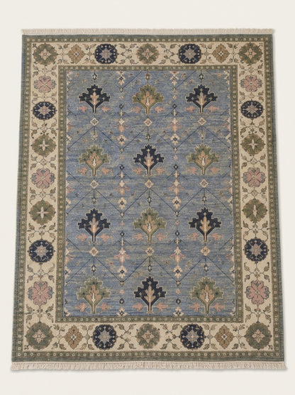 Cornflower Blue Geometric Hand Knotted Wool Rug, Tree Motif Ivory Sage Border