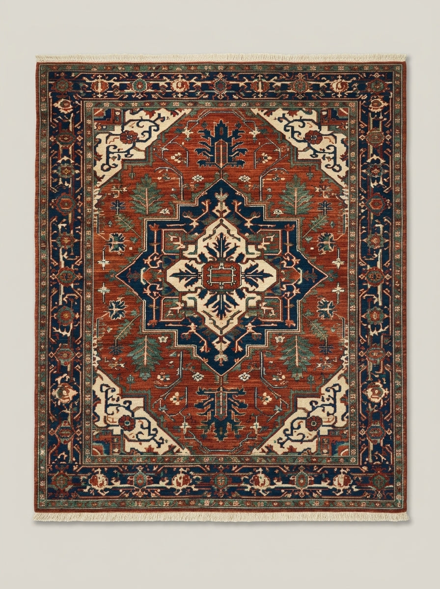 Heriz Hand Knotted Wool Rug in rust red and navy, with an ivory stepped medallion, teal botanical motifs and ornate border.