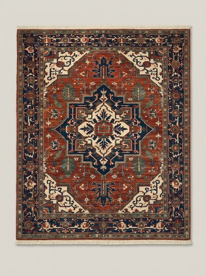 Heriz Hand Knotted Wool Rug in rust red and navy, with an ivory stepped medallion, teal botanical motifs and ornate border.