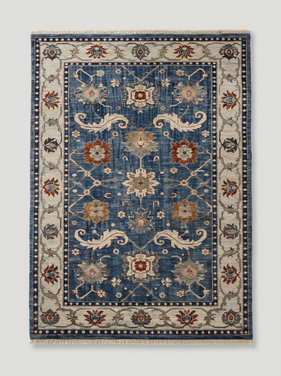 Oushak Hand Knotted Rug in blue wool, with ivory scrolling floral motifs, rust and sage flowers, and a wide ivory border.