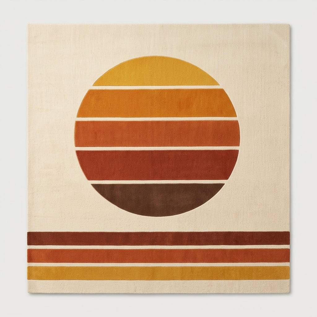 Handmade Retro Rug in ivory wool, featuring a mustard, orange, rust and brown striped sunset circle with three horizontal bands.