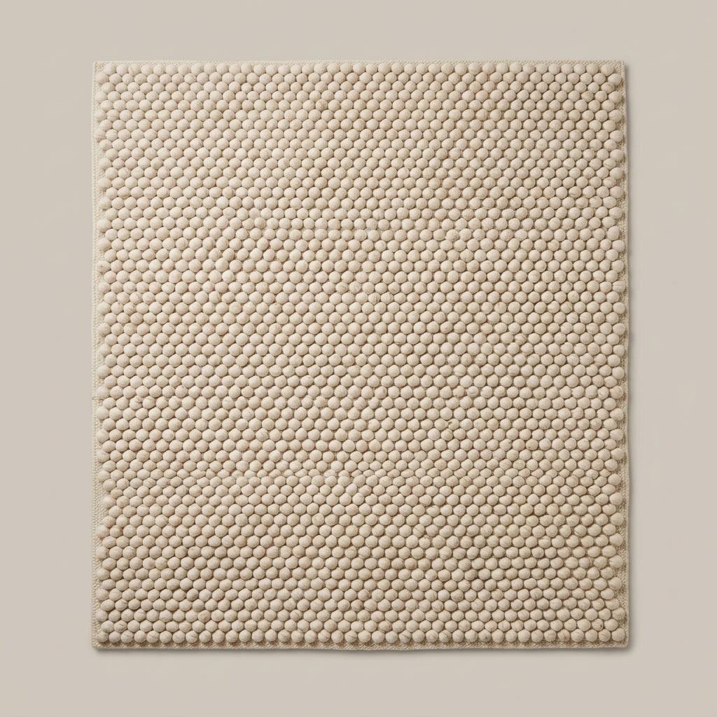 Chunky Wool Rug in cream oatmeal wool, with a thick handwoven surface of tightly spaced rounded pebble tufts and finished edges.