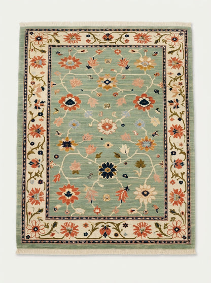 Oushak Hand Knotted Rug in mint green wool, with coral, navy and ivory floral motifs and a wide ivory border.