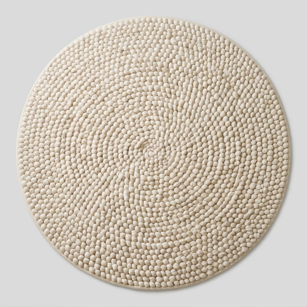 Chunky Wool Rug in cream ivory, with a round shape and thick, handwoven pebble-like coils forming a spiral pattern.